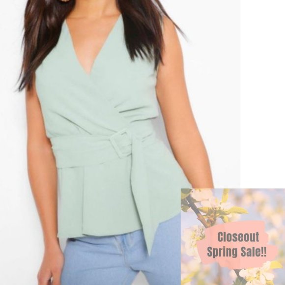 Boohoo Tops - NWOT Woven Wrap Assymetric Belted Blouse